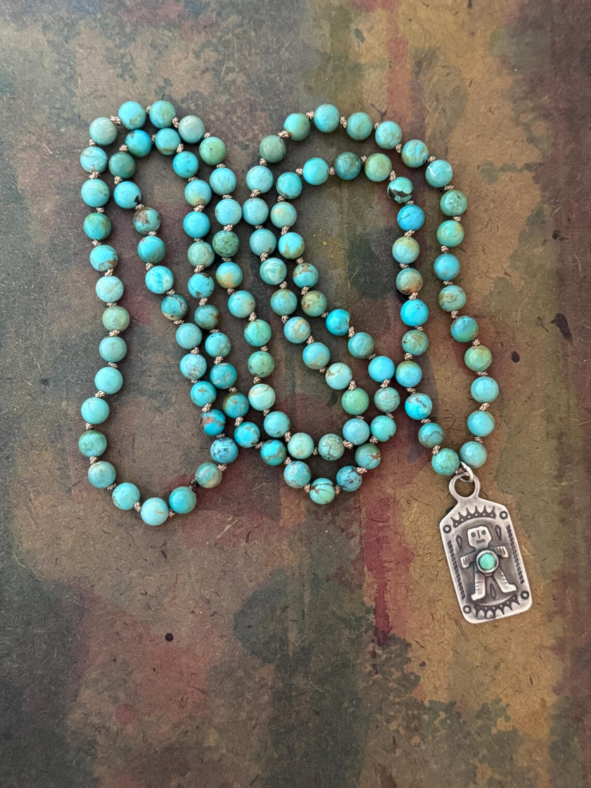 RFB 108 Mala with Antique Native American Silver Kachina Amulet and Turquoise