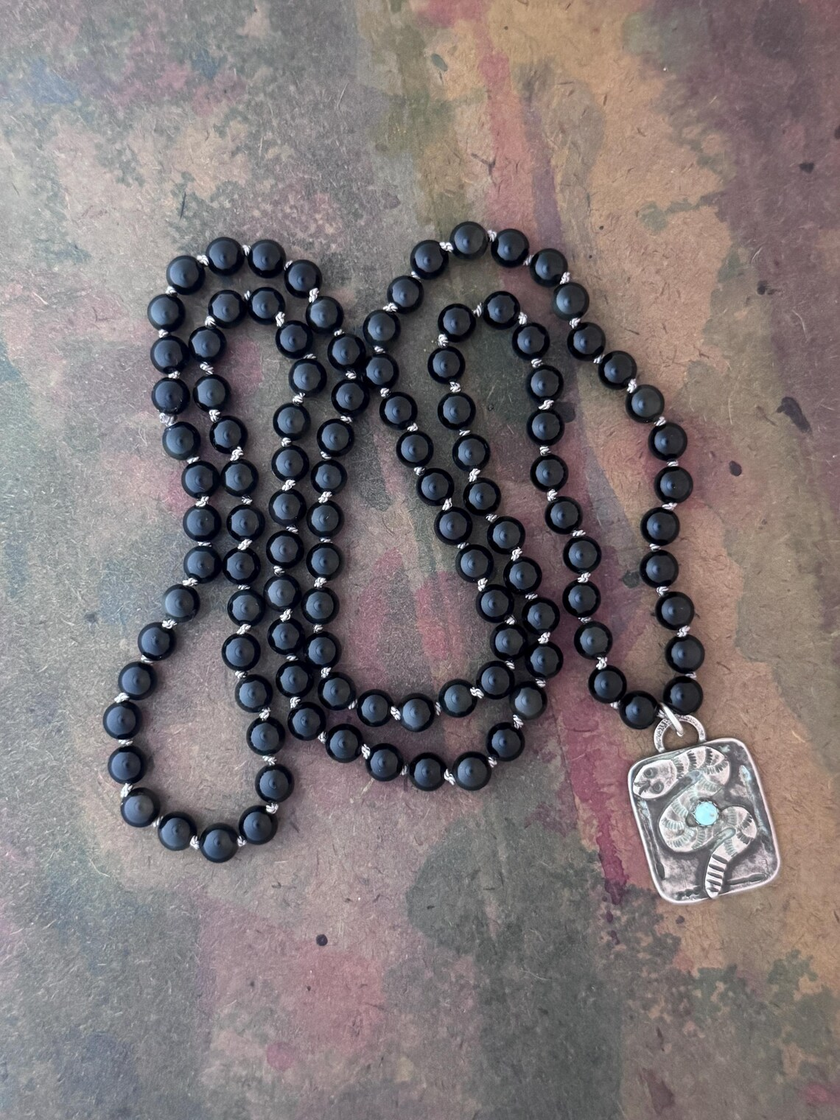 RFB 108 Mala with Black Obsidian and Vintage Silver Navajo Snake Amulet