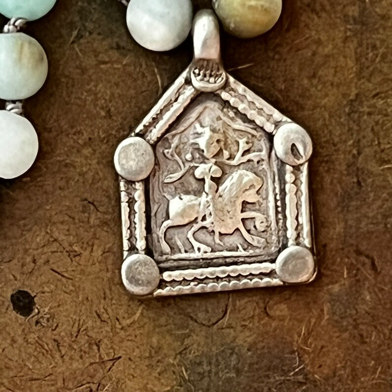 RFB 108 Mala Prayer Bead Necklace w Antique Indian Silver Durga and Matte Amazonite