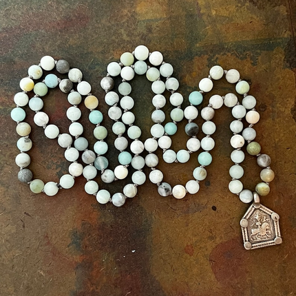 RFB 108 Mala Prayer Bead Necklace w Antique Indian Silver Durga and Matte Amazonite