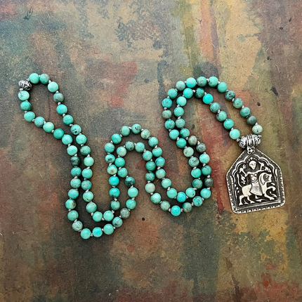 RFB 108 Mala Prayer Bead Necklace w Antique Indian Silver Durga Amulet and Grass Agate