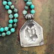 RFB 108 Mala Prayer Bead Necklace w Antique Indian Silver Durga Amulet and Grass Agate