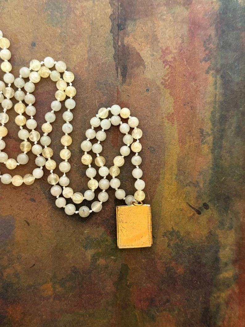 RFB 108 Affirmation Mala with Gypsum and Antique Mother of Pearl Locket