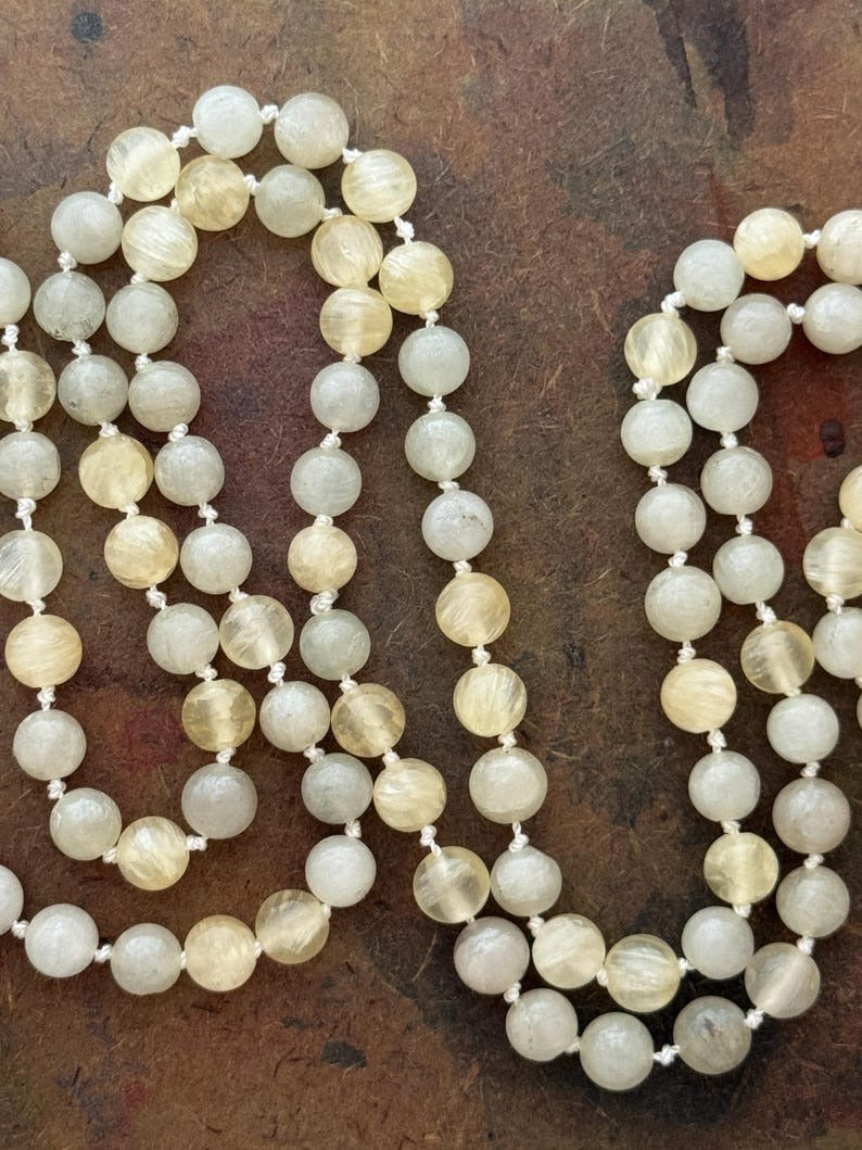 RFB 108 Affirmation Mala with Gypsum and Antique Mother of Pearl Locket