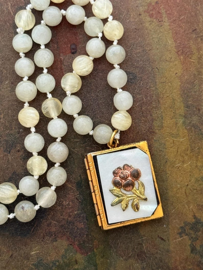 RFB 108 Affirmation Mala with Gypsum and Antique Mother of Pearl Locket