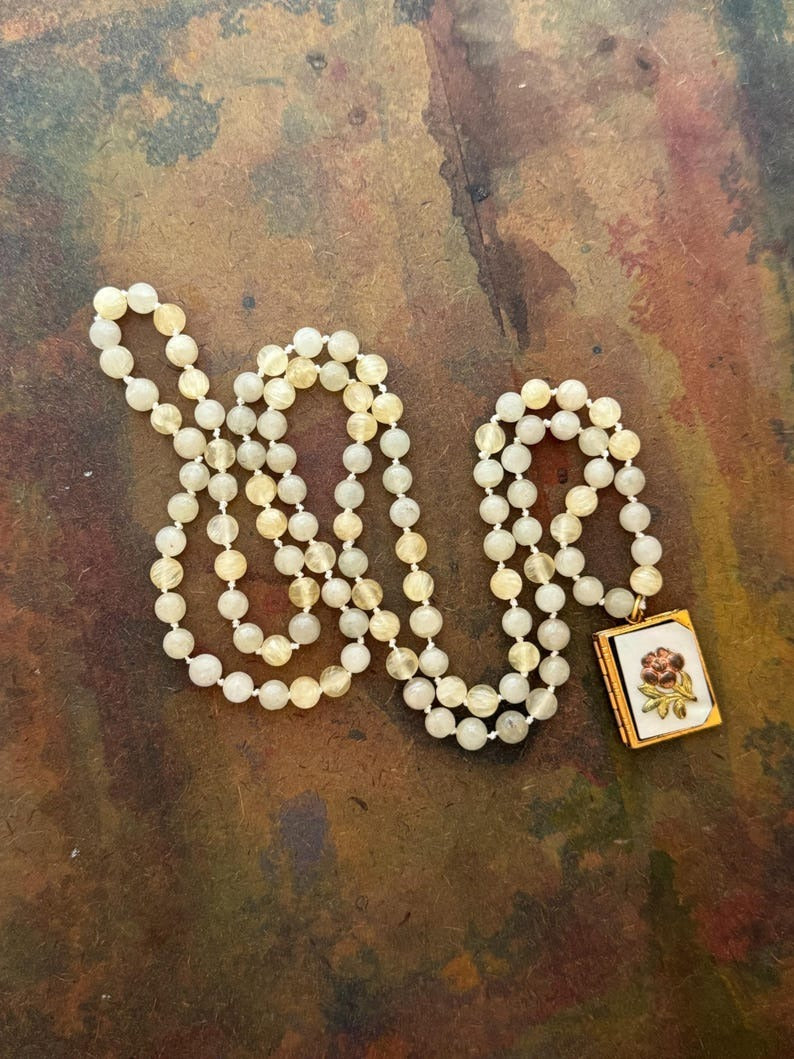 RFB 108 Affirmation Mala with Gypsum and Antique Mother of Pearl Locket