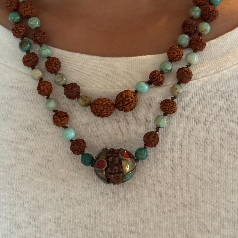 RFB 108 Rudraksha Mala Necklace with Turquoise and Large Enamel Bead