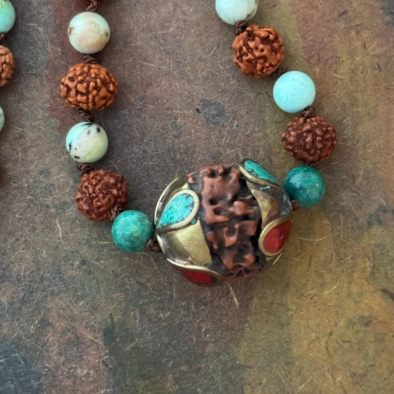RFB 108 Rudraksha Mala Necklace with Turquoise and Large Enamel Bead