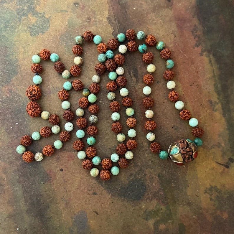 RFB 108 Rudraksha Mala Necklace with Turquoise and Large Enamel Bead
