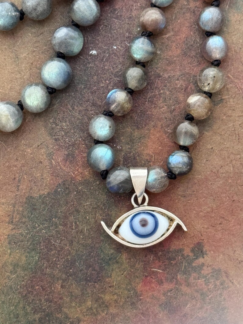 RFB 108 Labradorite Mala with Mexican Silver Evil Eye Amulet