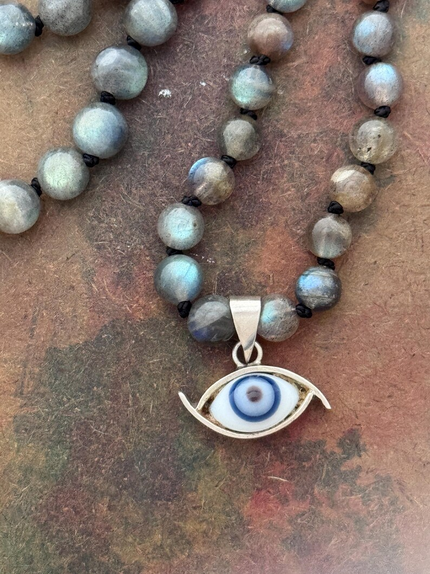 RFB 108 Labradorite Mala with Mexican Silver Evil Eye Amulet