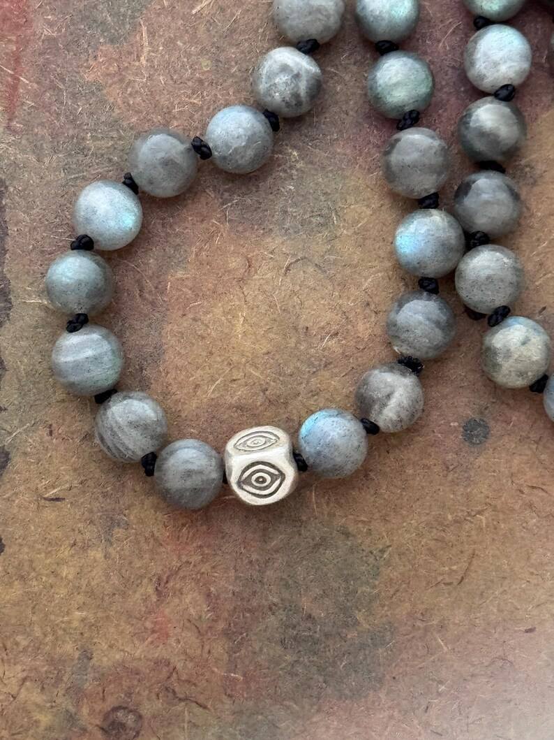 RFB 108 Labradorite Mala with Mexican Silver Evil Eye Amulet
