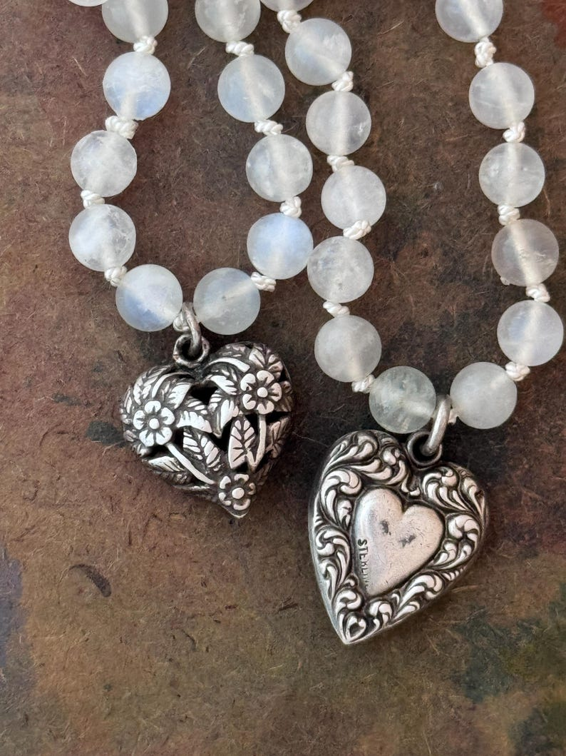 RFB 108 Moonstone Mala Necklace with Antique Victorian Silver Heart Charms