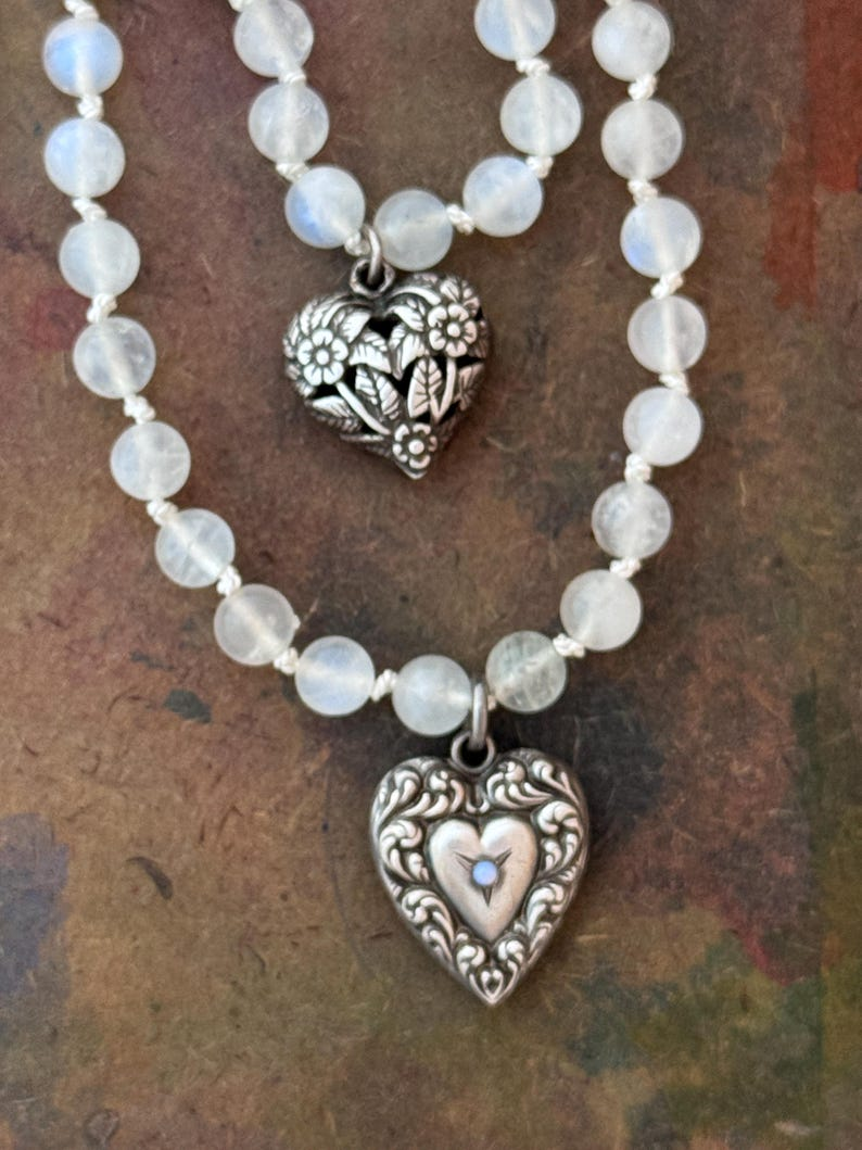 RFB 108 Moonstone Mala Necklace with Antique Victorian Silver Heart Charms