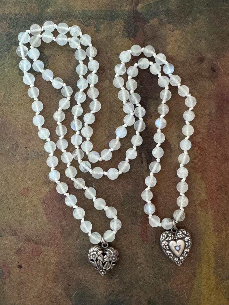 RFB 108 Moonstone Mala Necklace with Antique Victorian Silver Heart Charms