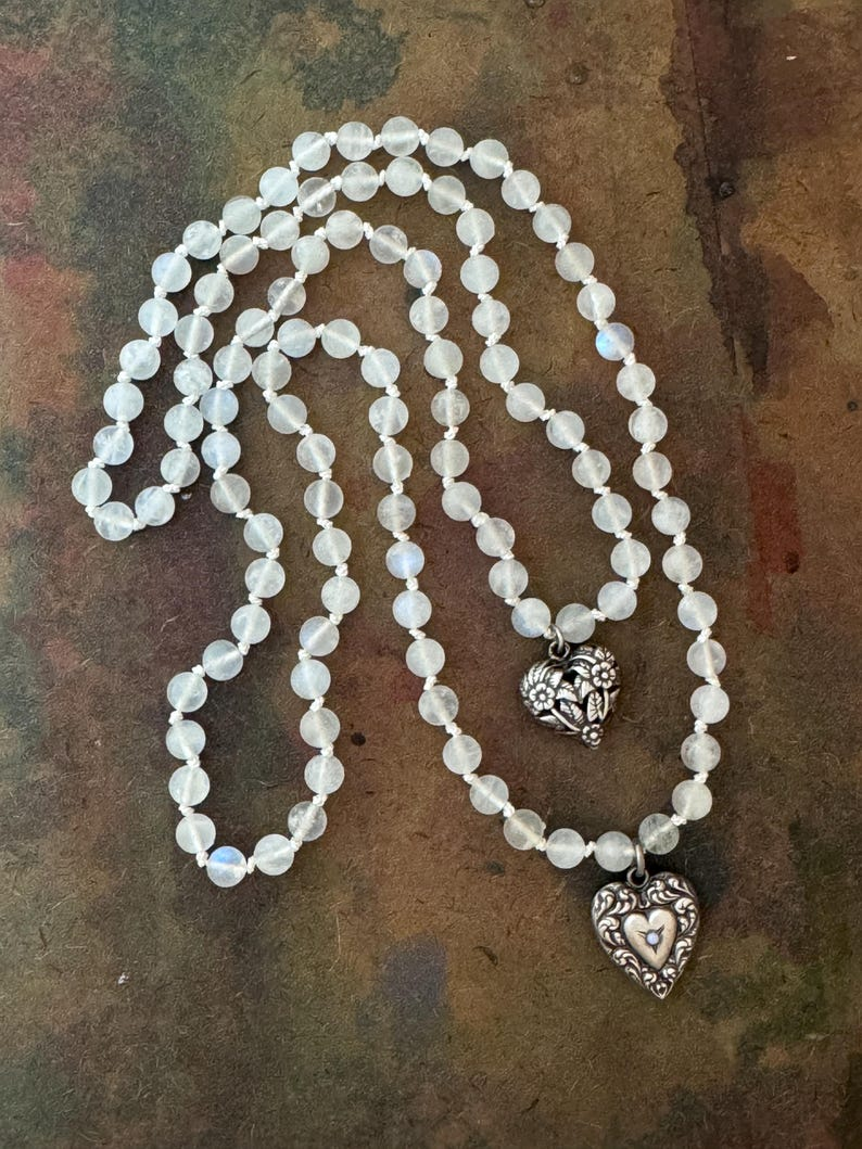 RFB 108 Moonstone Mala Necklace with Antique Victorian Silver Heart Charms