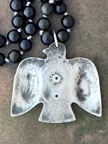 RFB 108 Mala Necklace w Vintage Silver Navajo Thunderbird and Black Obsidian