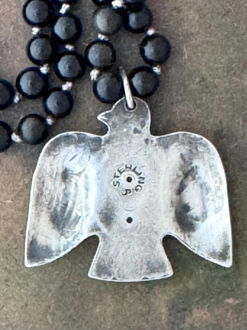 RFB 108 Mala Necklace w Vintage Silver Navajo Thunderbird and Black Obsidian