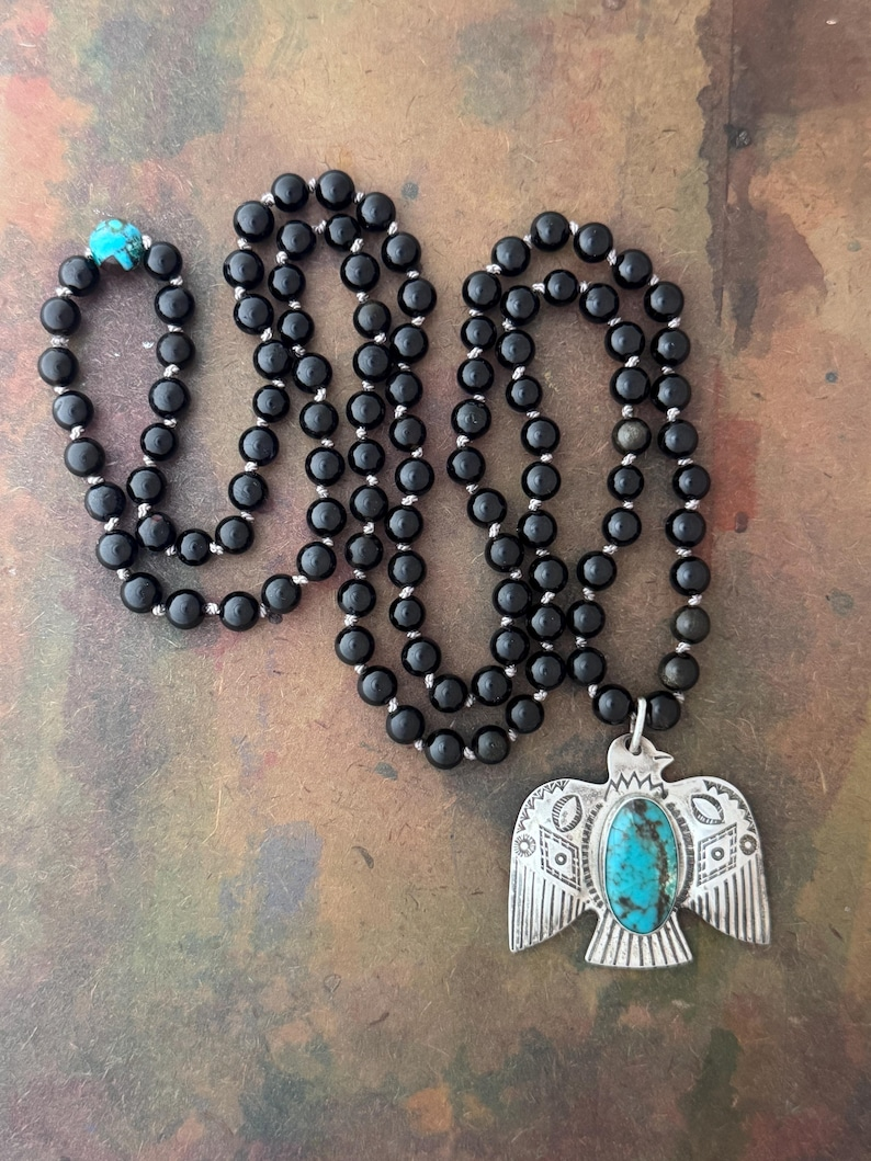 RFB 108 Mala Necklace w Vintage Silver Navajo Thunderbird and Black Obsidian