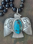 RFB 108 Mala Necklace w Vintage Silver Navajo Thunderbird and Black Obsidian