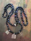 RFB 108 Blue Tiger Eye Ahimsa Mala with Ganesha, Durga and Snake Amulet