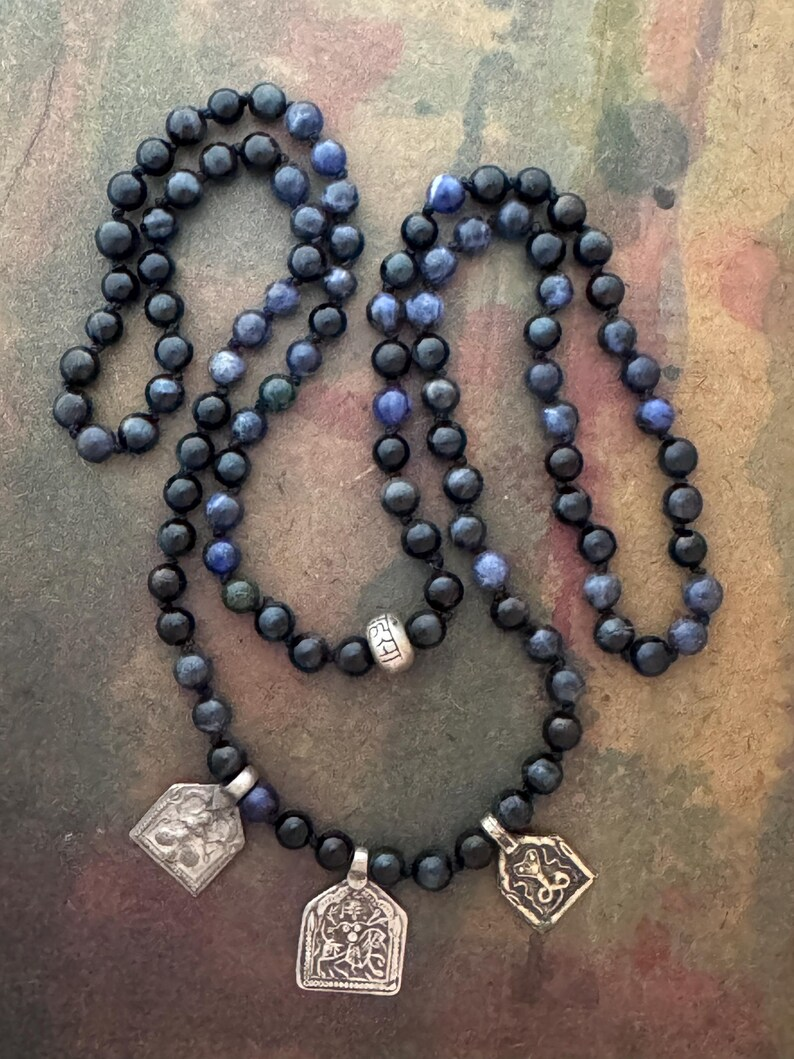 RFB 108 Blue Tiger Eye Ahimsa Mala with Ganesha, Durga and Snake Amulet