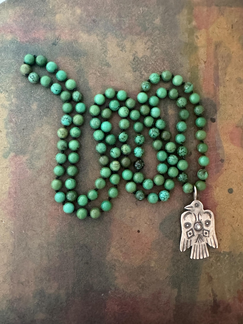 RFB 108 Mala Necklace with Vintage Silver Navajo Thunderbird and New Mexican Turquoise