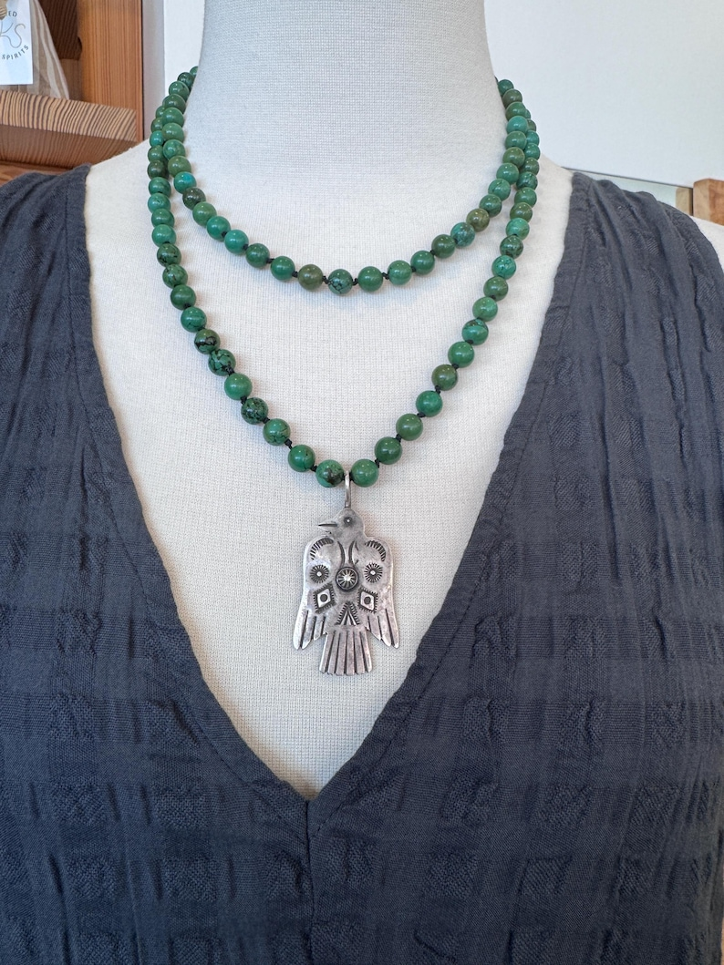 RFB 108 Mala Necklace with Vintage Silver Navajo Thunderbird and New Mexican Turquoise