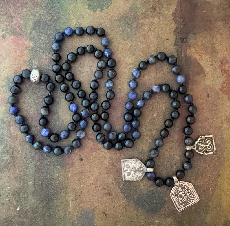 RFB 108 Blue Tiger Eye Ahimsa Mala with Ganesha, Durga and Snake Amulet