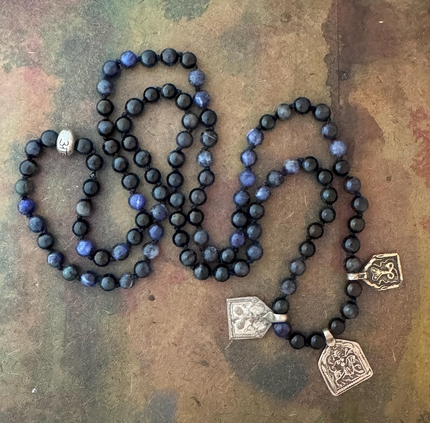 RFB 108 Blue Tiger Eye Ahimsa Mala with Ganesha, Durga and Snake Amulet
