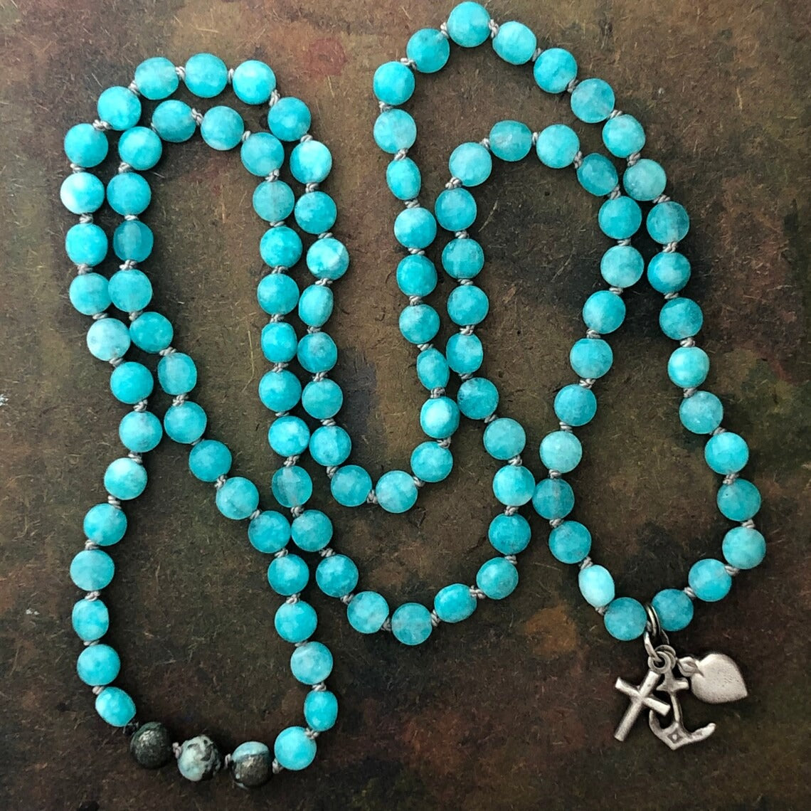 RFB 108 Mala with Turquoise Amazonite and Victorian Faith Hope Love Charm