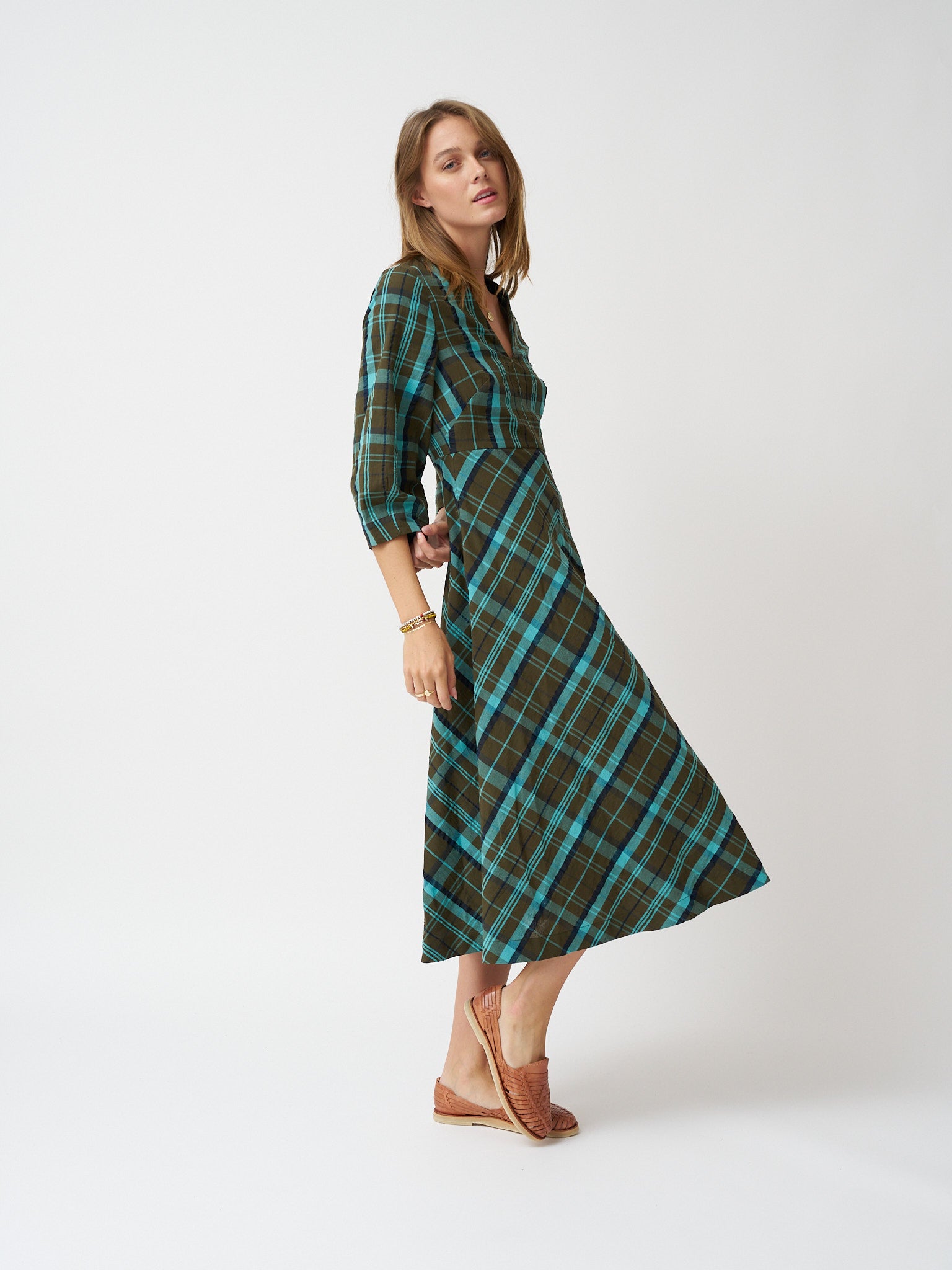 TOAST Astrid Check Seersucker Dress - Oil/Sea Green - US Size 2