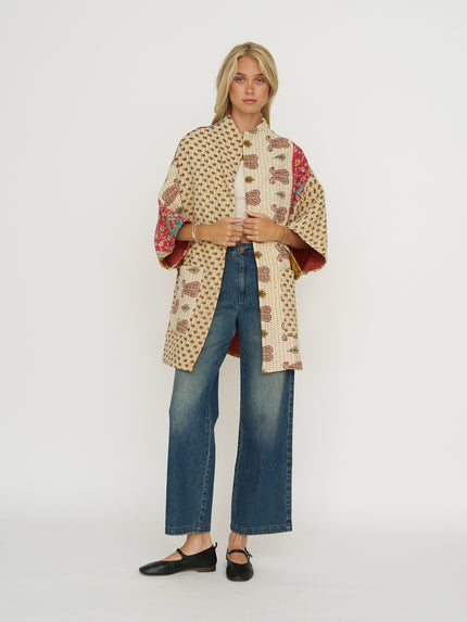 Anchal Kantha Cocoon Quilted Jacket - Beige/Red/Teal/Gold