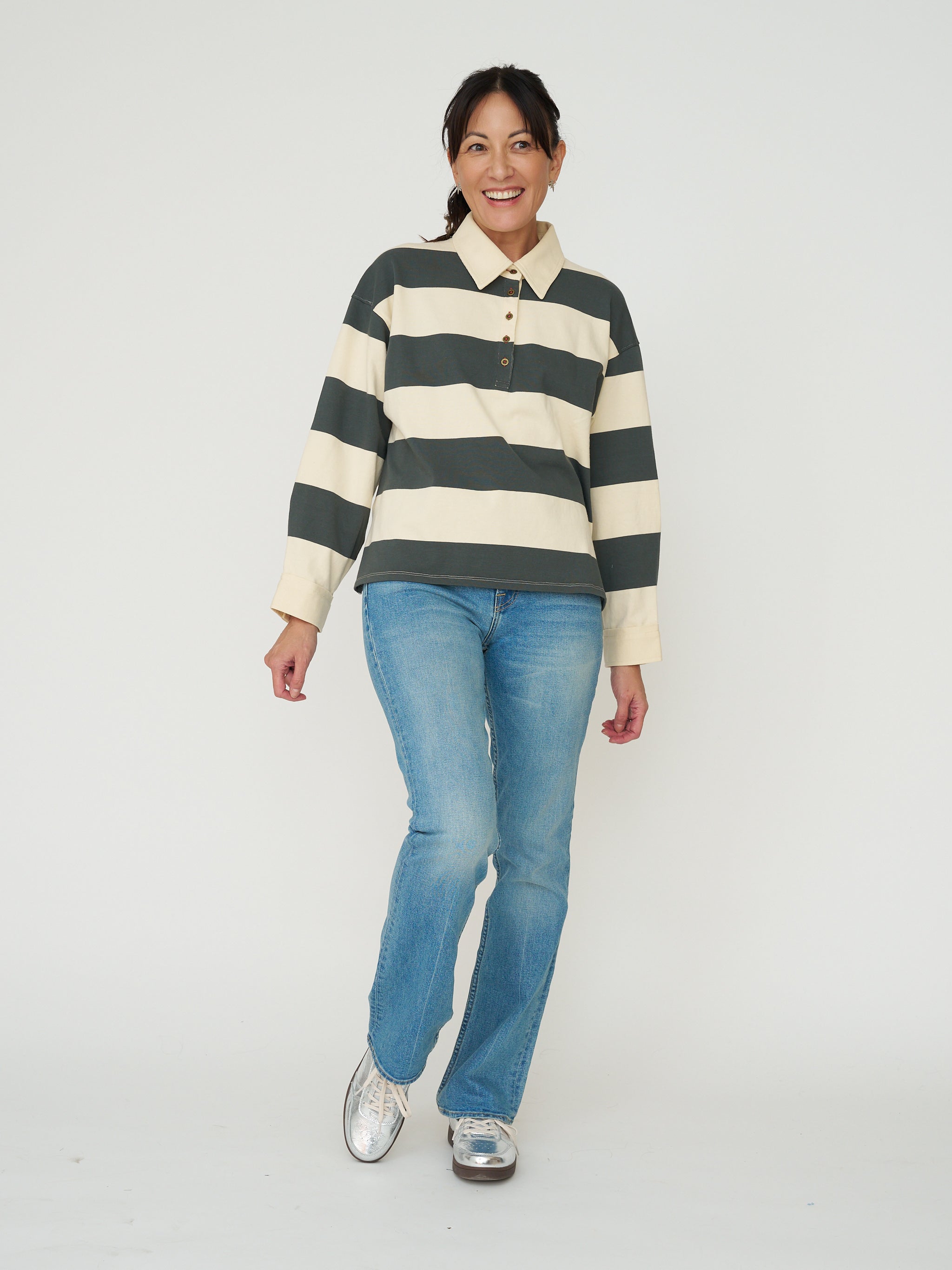 Long Sleeve Rugby Stripe Polo - Olive