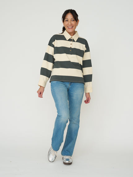 Long Sleeve Rugby Stripe Polo - Olive