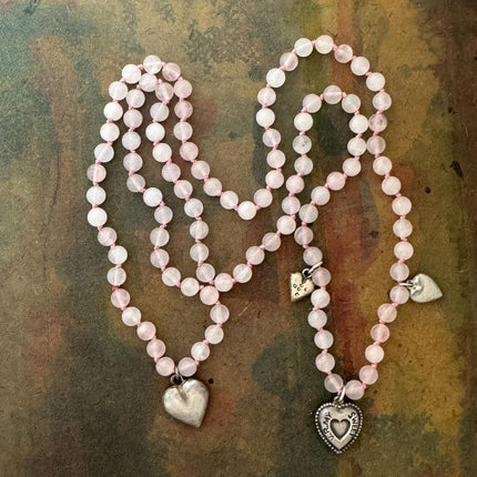 RFB 108 Rose Quartz Mala Neclace with Silver Victorian Heart Charms