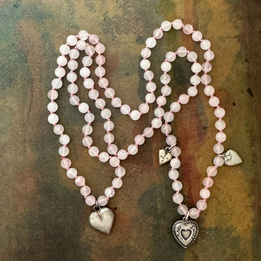 RFB 108 Rose Quartz Mala Neclace with Silver Victorian Heart Charms