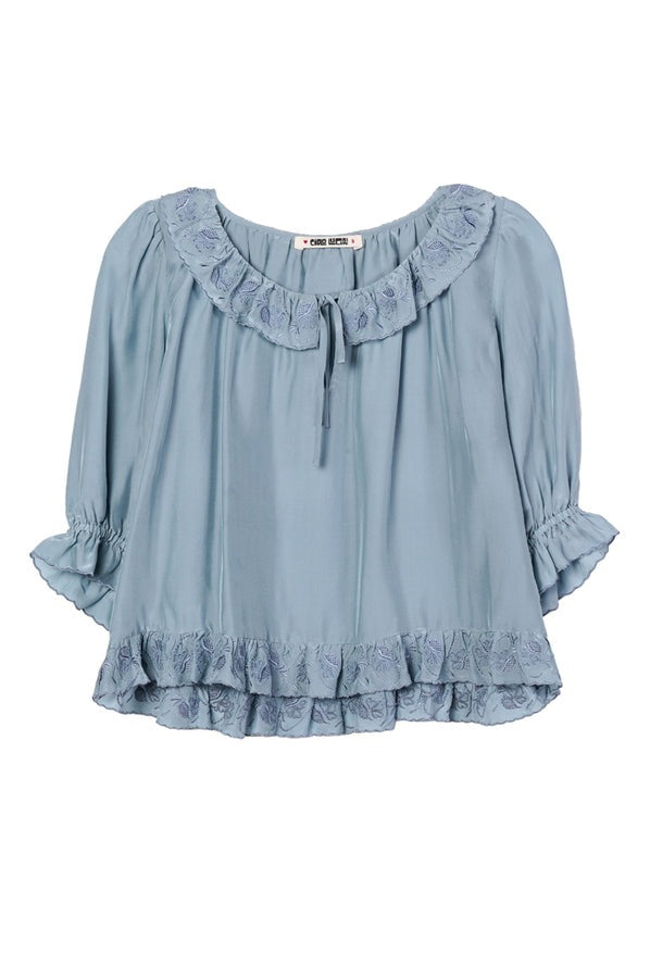 Ciao Lucia Thora Top in Marine with Floral Embroidery