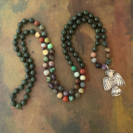 RFB 108 Affirmation Mala with Jade and Antique Silver Navajo Thunderbird