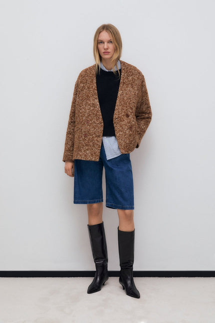 The New Society Wool Blazer in Camel Herringbone