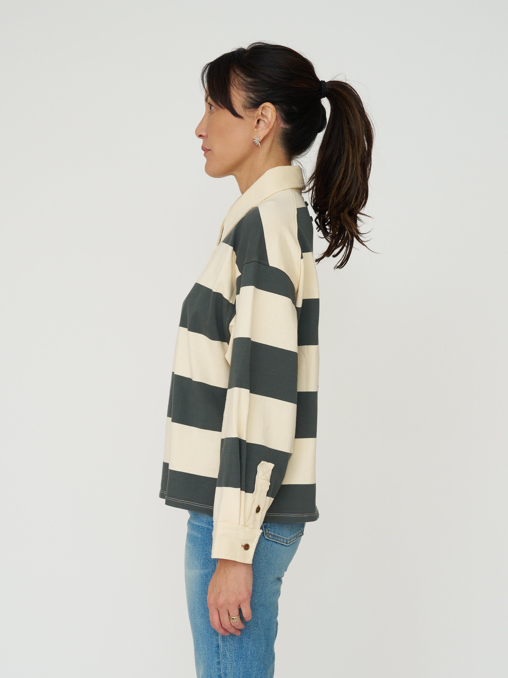 Long Sleeve Rugby Stripe Polo - Olive