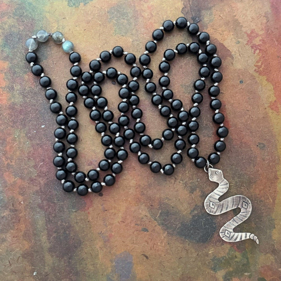 RFB 108 Mala with Black Tourmaline and 60's Navajo Snake Amulet