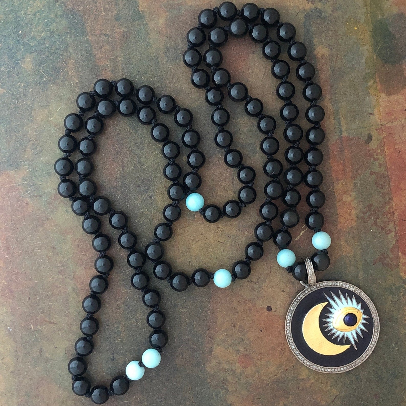 RFB 108 Affirmation Mala with Rainbow Obsidian and Larimar with Enamel Moon Evil Eye Amulet