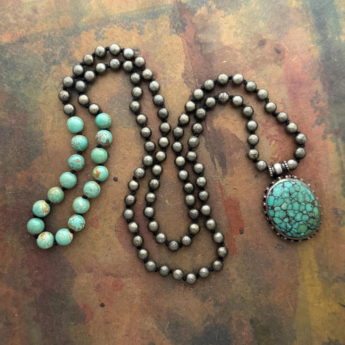 RFB 108 Mala Necklace w Hematite and Turquoise with Vintage Tibetan Silver and Turquoise Amulet