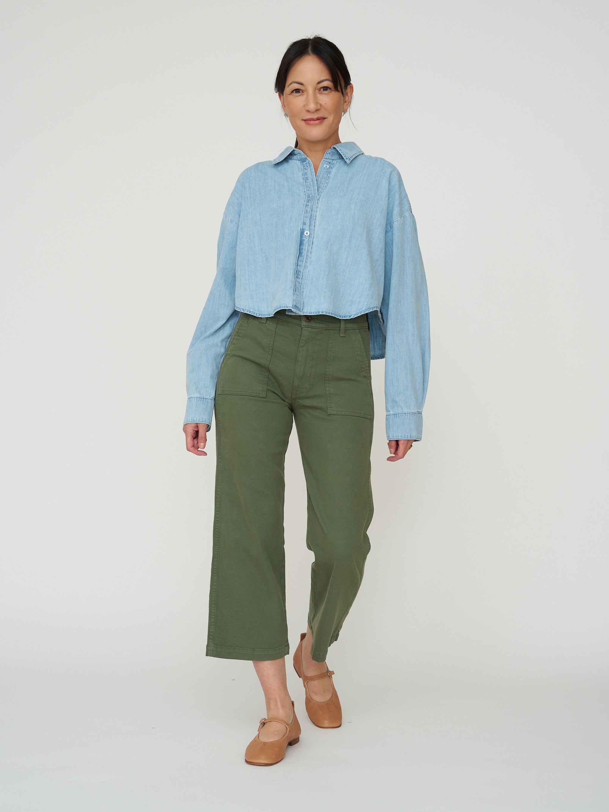 Cropped Denim Button Down - Light Wash
