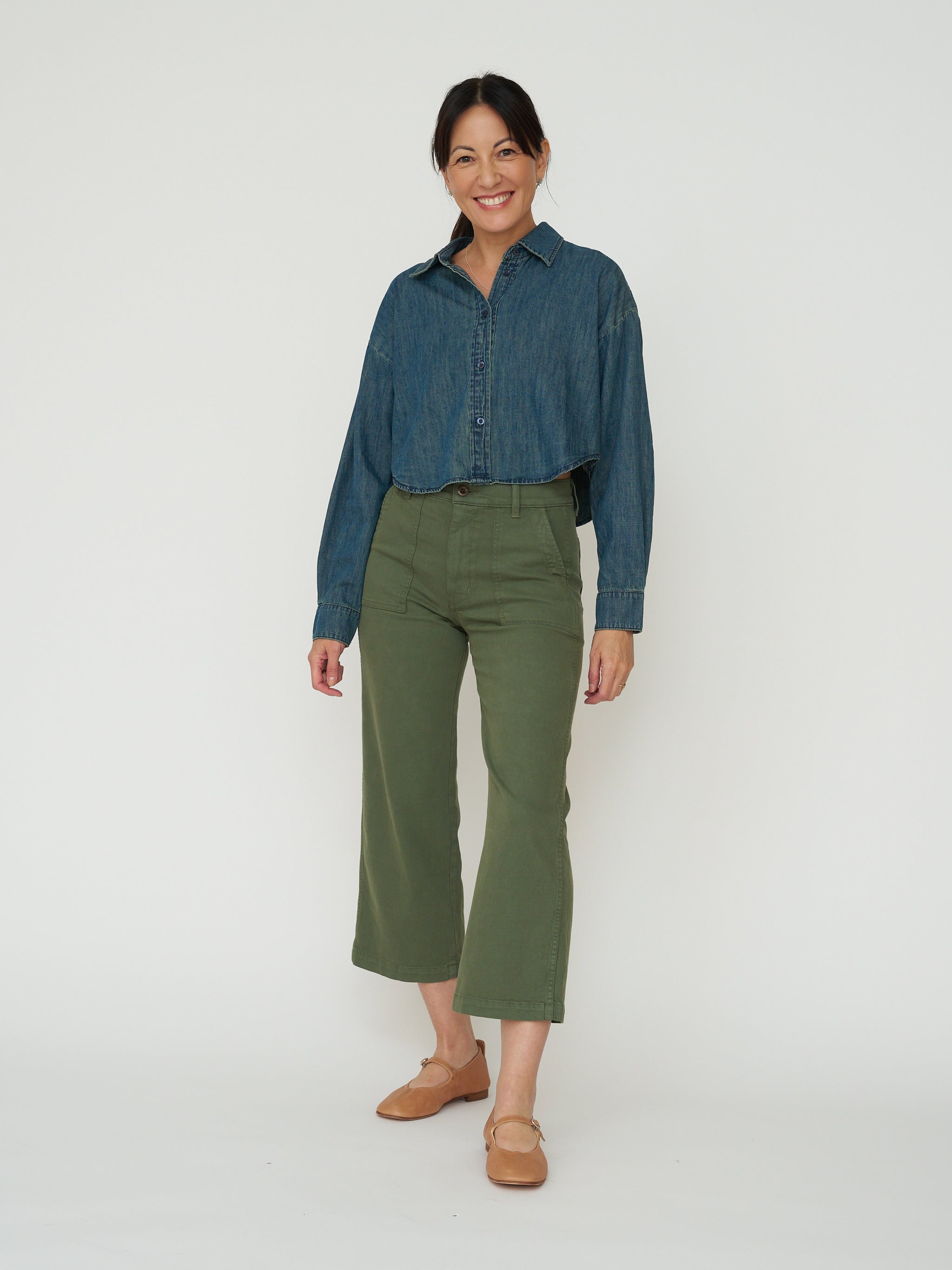 Cropped Denim Button Down - Dark Wash