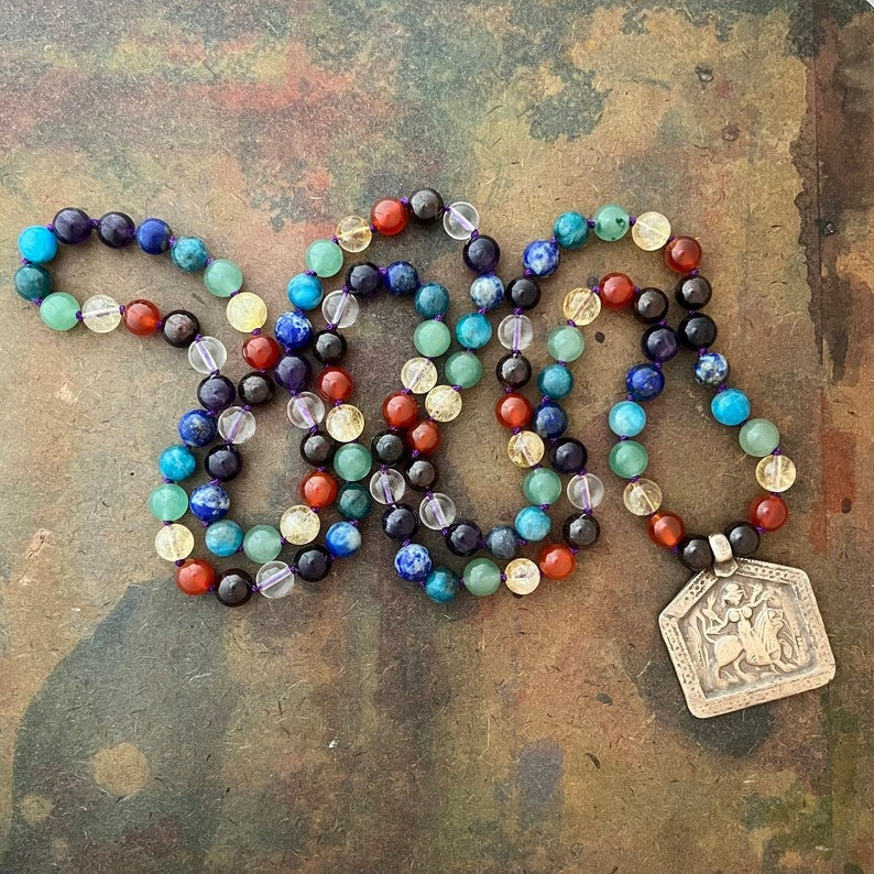 RFB 108 Affirmation Mala with Durga Antique Silver Indian