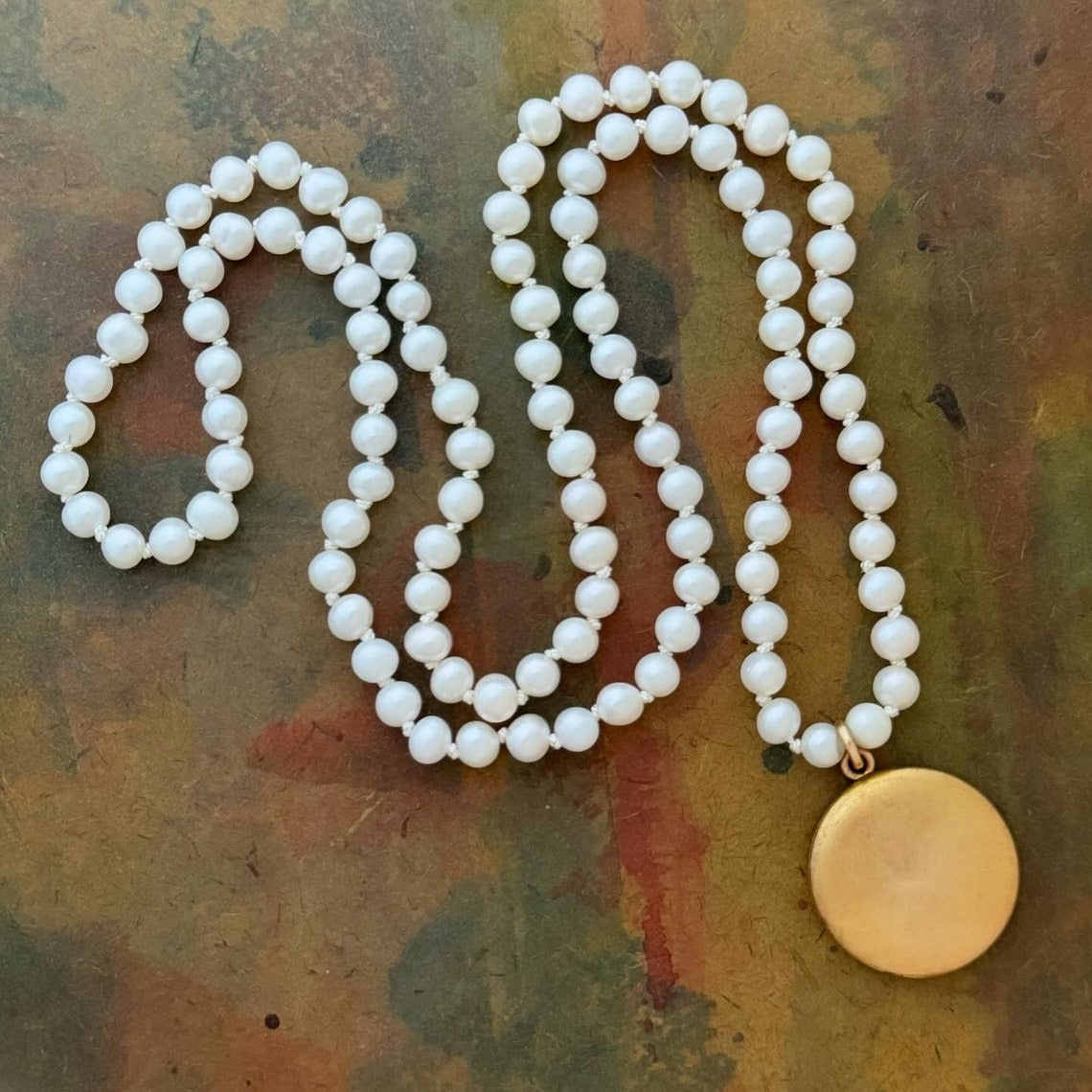 RFB 108 Affirmation Mala with Pearls and Vintage Gold Locket
