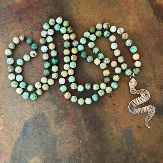 RFB 108 Affirmation Mala with Turquoise and 60's Navajo Snake Amulet