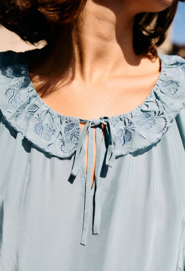 Ciao Lucia Thora Top in Marine with Floral Embroidery